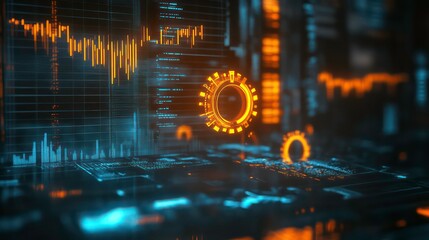 Poster - abstract futuristic background with glowing orange and blue digital data and graphs.