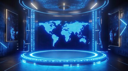 Poster - Futuristic news studio with a glowing world map backdrop, circular stage platform, blue neon lighting, high-tech broadcast environment, global news concept