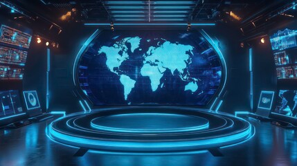 Poster - futuristic studio with a world map backdrop and a circular stage.