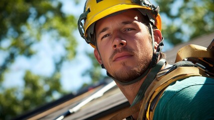 Poster - A close-up of a roofer wearing a safety harness and helmet, with roofing materials around and looking directly at the camera, Roofing installation scene