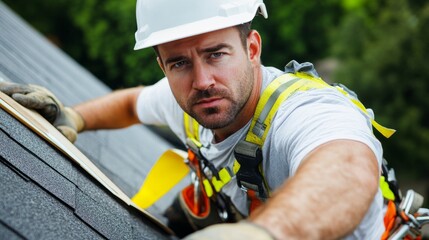 Poster - A close-up of a roofer wearing a safety harness and helmet, with roofing materials around and looking directly at the camera, Roofing installation scene