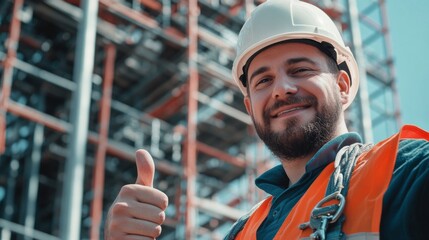 Aufkleber - A close-up of a scaffolder in a hard hat and harness, giving a thumbs up with scaffolding structures in the background, Scaffolding scene