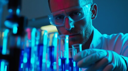 Aufkleber - A close-up of a scientist in a lab coat and safety goggles, carefully handling a test tube filled with a vibrant blue liquid in a modern laboratory, Scientific laboratory scene