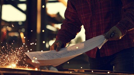 Poster - A close-up of a site engineer examining blueprints, with a steel structure and welding sparks in the background, Structural engineering scene