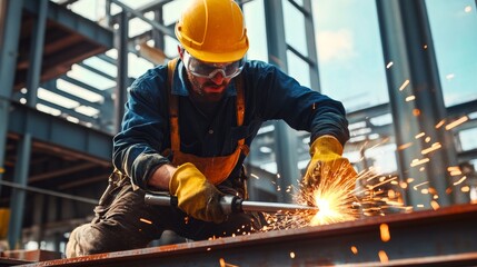 Poster - A close-up of a steelworker in a hard hat and safety goggles, using a blowtorch to cut metal beams with sparks flying and a construction site in the background, Steel cutting scene