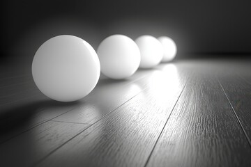 Aufkleber - White Spheres on Dark Wood Floor Minimalist Design Background