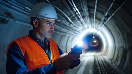 Poster - A close-up of a tunnel engineer in a hard hat and safety vest, holding a flashlight with a partially constructed tunnel behind them, Tunnel construction scene