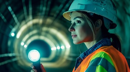 Poster - A close-up of a tunnel engineer in a hard hat and safety vest, holding a flashlight with a partially constructed tunnel behind them, Tunnel construction scene