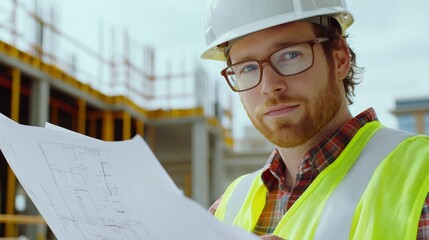 Poster - A close-up of an architect in a hard hat and safety vest, reviewing blueprints and looking at the camera, with a construction site in the background