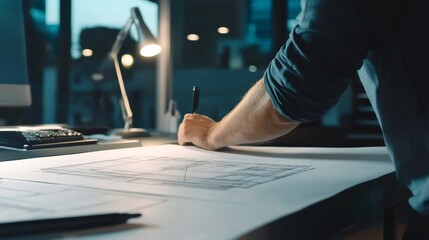 Poster - A close-up of an architect reviewing blueprints on a drafting table with a modern office background, Architect office scene, Detailed and precise style