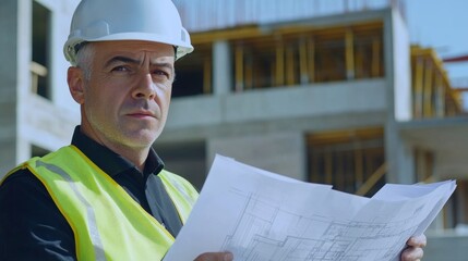 Poster - A close-up of an architect in a hard hat and safety vest, reviewing blueprints and looking at the camera, with a construction site in the background