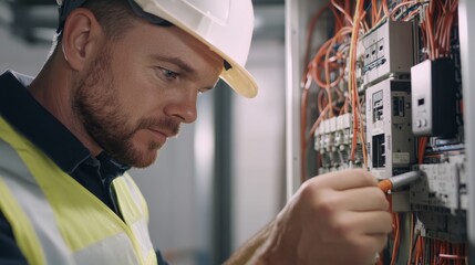 Poster - A close-up of an electrician in a hard hat and reflective vest, examining a circuit breaker panel with electrical wiring in the background, Electrical work scene