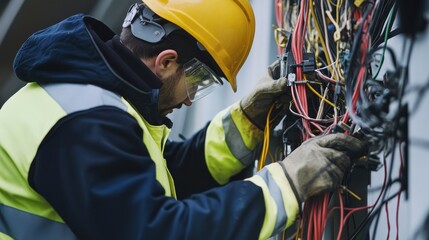 Poster - A close-up of an electrician in safety gear working on a power line, with tools and wires visible, Electrical maintenance scene