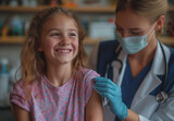 Illustration Doctor examining little boy, Child's upper arm being vaccinated by doctor