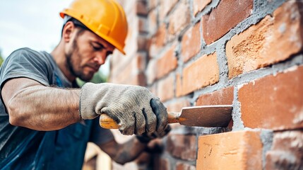 Aufkleber - A close-up portrait of a bricklayer in a hard hat and gloves, holding a trowel with a half-built brick wall in the background, Masonry scene