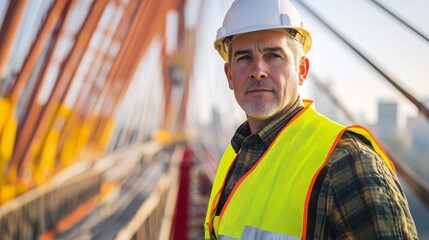 Aufkleber - A close-up portrait of a bridge construction worker in a hard hat and reflective vest, standing on a bridge structure with cables and cranes in the background, Bridge construction scene
