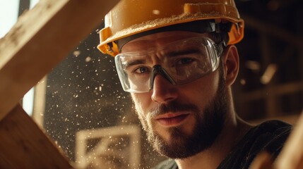 Poster - A close-up portrait of a carpenter in a hard hat and safety glasses, holding a hammer with wooden frames and sawdust in the background, Carpentry scene