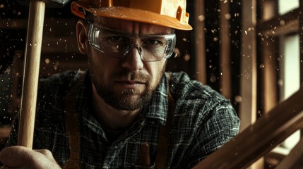 Poster - A close-up portrait of a carpenter in a hard hat and safety goggles, holding a saw with wooden beams and sawdust in the background, Carpentry scene