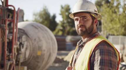 Poster - A close-up portrait of a cement mixer operator in a hard hat and safety vest, standing beside a spinning cement mixer with a construction site in the background, Cement mixing scene