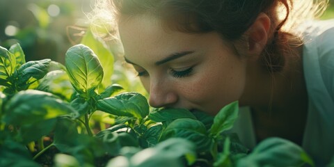 Poster - Woman smelling plants in garden