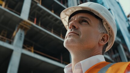 Poster - A close-up portrait of a civil engineer inspecting foundation work at a skyscraper construction site, Skyscraper foundation inspection scene, Professional and meticulous style