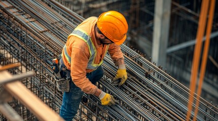 Aufkleber - A close-up portrait of a construction worker inspecting rebar placements on a bridge construction site, Bridge construction scene, Detail-oriented and technical style