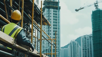 Poster - A close-up portrait of a construction worker inspecting scaffolding at a skyscraper construction site, Skyscraper scaffolding inspection scene, Authoritative and detailed style