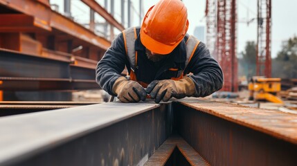 Poster - A close-up portrait of a construction worker inspecting welds on a steel beam at a bridge construction site, Bridge welding inspection scene, Detail-oriented and technical style