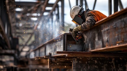 Poster - A close-up portrait of a construction worker welding steel beams at a bridge construction site, Bridge welding scene, Precision and technical style