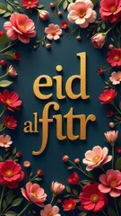 Aufkleber - A gold embossed sign with red flowers and gold letters that say Eid al-Fitr