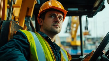 Poster - A close-up portrait of a crane operator in a hard hat and reflective vest, sitting in the cab of a crane with construction materials in the background, Crane operation scene