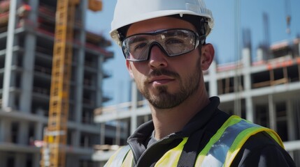 Poster - A close-up portrait of a crane rigger in a hard hat and reflective vest, with the crane and construction site in the background, Crane rigging scene