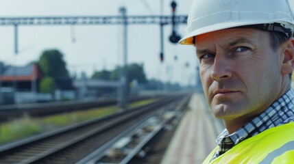Aufkleber - A close-up portrait of a railway engineer in a hard hat and reflective vest, inspecting tracks with a railway station in the background, Railway engineering scene