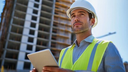 Aufkleber - A close-up portrait of a site foreman in a hard hat and reflective vest, holding a tablet with an under-construction building in the background, Construction management scene