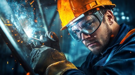 Poster - A close-up portrait of a steelworker in a hard hat and safety glasses, holding a welding torch with steel beams and a construction site in the background, Steelwork scene