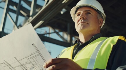 Poster - A close-up portrait of a structural engineer in a hard hat and reflective vest, holding a blueprint with a steel framework in the background, Structural engineering scene