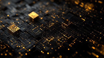 Poster - Abstract golden and black digital landscape with glowing elements