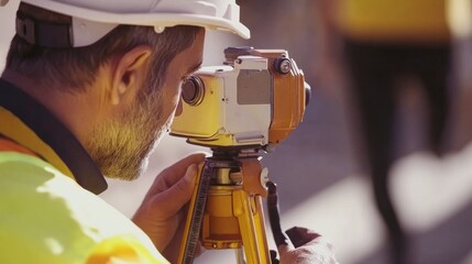 Aufkleber - A close-up portrait of a surveyor using a theodolite to measure angles on a construction site, Surveying scene, Technical and precise style