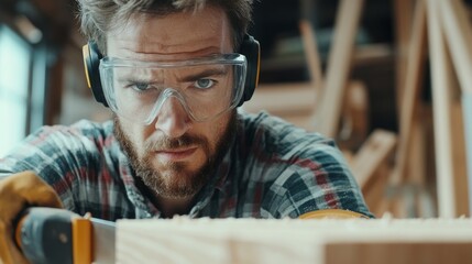 Poster - A close-up shot of a carpenter in safety goggles and gloves, holding a saw and looking directly at the camera, with woodwork in the background