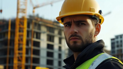 Poster - A close-up shot of a crane operator in a hard hat and reflective vest, looking directly at the camera with construction cranes and buildings in the background, Crane operation scene