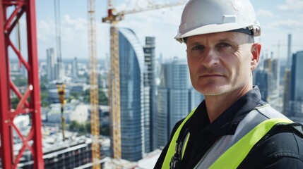 Poster - A close-up shot of a crane operator in a hard hat and reflective vest, looking directly at the camera, with construction cranes and buildings in the background