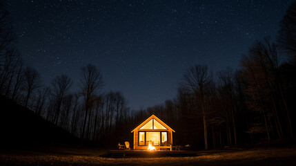 Poster - cozy cabin in serene forest under starry night sky