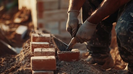 Poster - A close-up shot of a mason laying bricks, with a trowel in hand and a wall under construction in the background, Masonry site scene