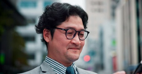 Poster - Businessman, phone and smile in city for communication, networking and research with building. Real estate, man and happy outdoor for corporate email, property investment and location search in Japan