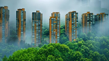 Wall Mural - Modern skyscrapers rise above lush greenery in a fog-covered urban landscape