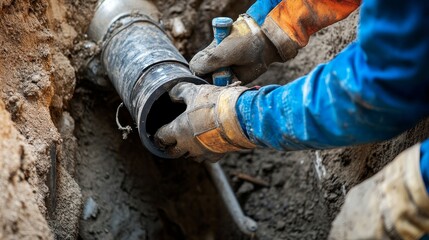 Poster - A close-up shot of a plumber repairing underground water pipes in an urban infrastructure renewal project, Urban pipe repair scene, Practical and precise style
