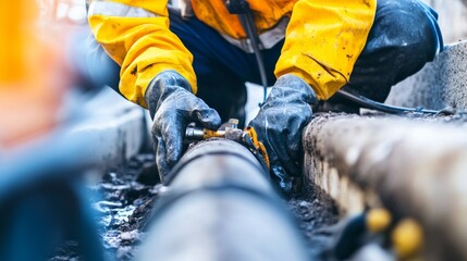 Poster - A close-up shot of a plumber repairing water mains in a city infrastructure renewal project, City water mains repair scene, Practical and precise style