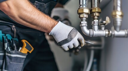 Poster - A close-up shot of a plumber repairing water pipes in a residential renovation project, Plumbing repair scene, Practical and precise style