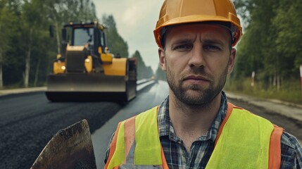Poster - A close-up shot of a road construction worker in a hard hat and safety vest, holding a shovel and looking directly at the camera, with a road resurfacing project in the background