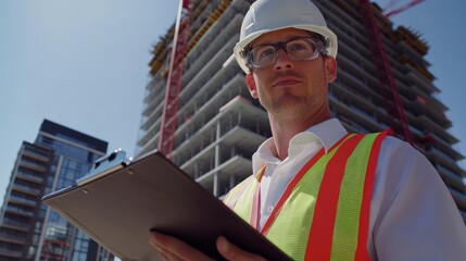 Poster - A close-up shot of a site supervisor in a white hard hat and safety vest, holding a clipboard and looking directly at the camera, with a multi-story building under construction in the background